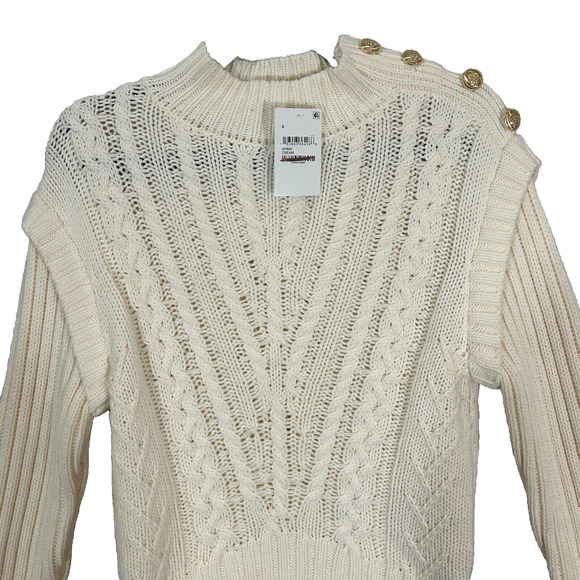 Zoe & Claire Sweater Small Cream Cable Knit Mock Neck Side Shoulder Buttons NWT - Picture 3 of 10